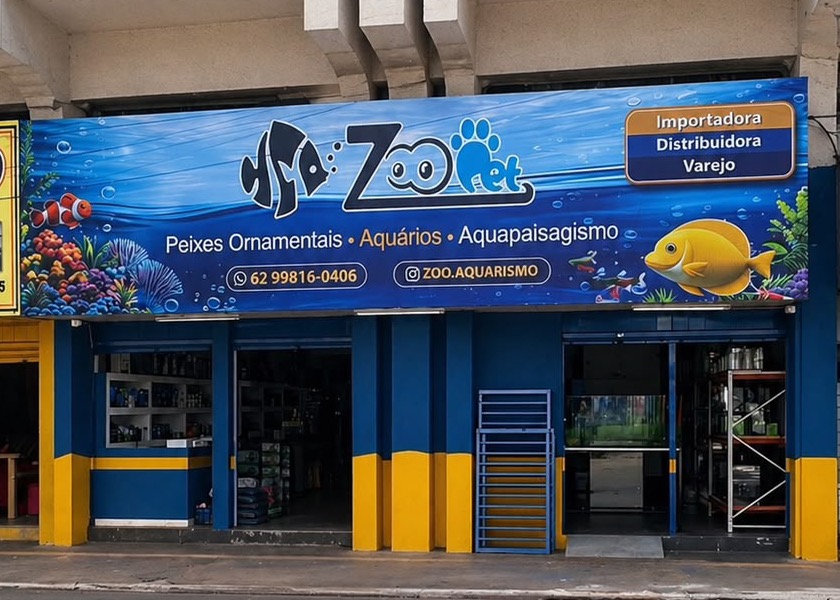 Fachada da loja Zoo Pet: letreiro azul com peixes, portas abertas e pilares azuis e amarelos